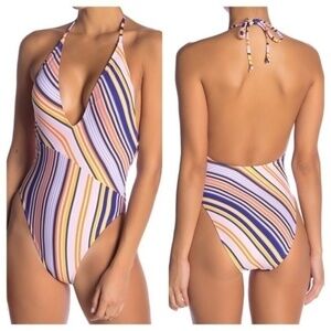 The Bikini Lab Stripe Plunge 1 Piece Swimsuit NWT New Bathing Suit